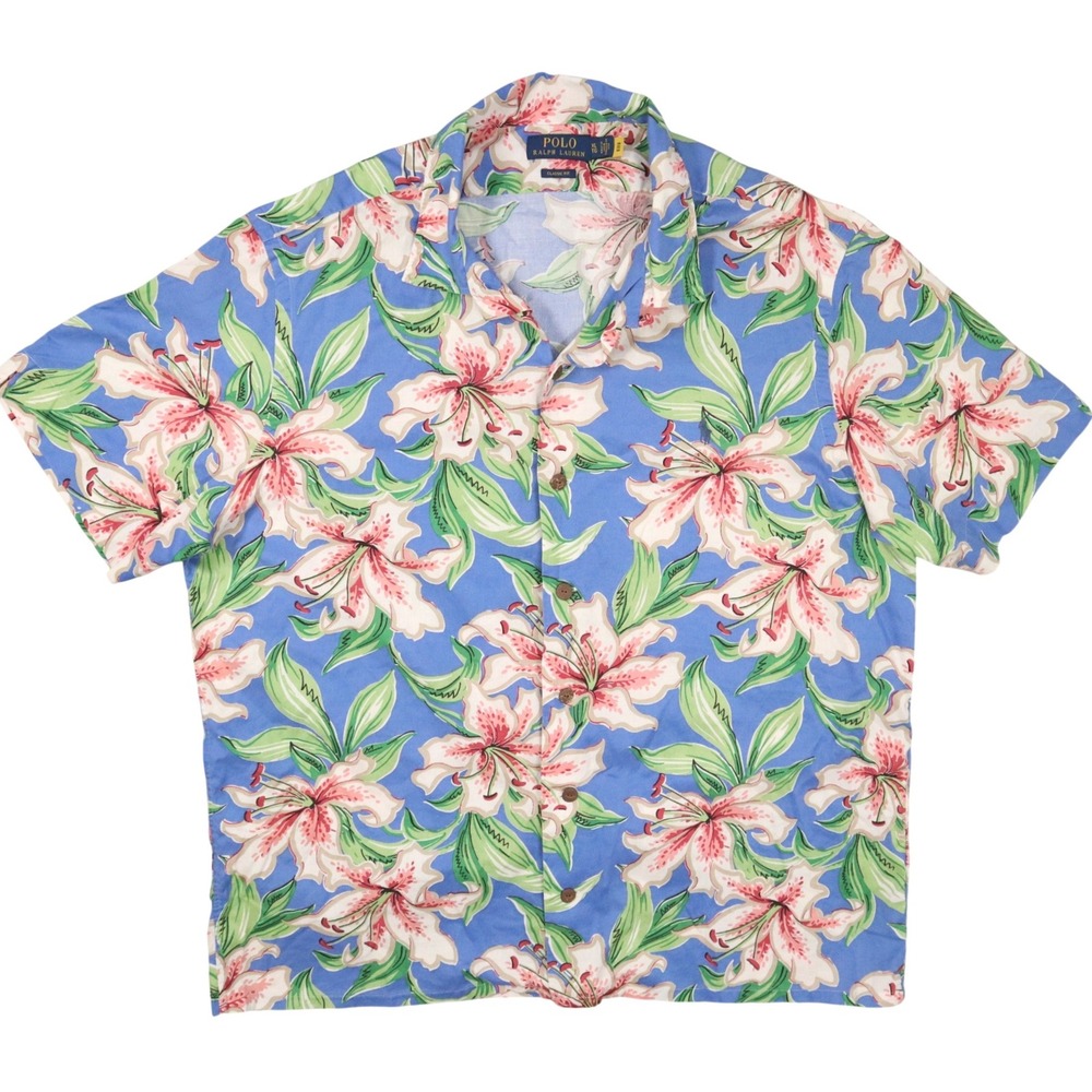 Polo Ralph Lauren Camp Shirt Mens XL Blue Lily Floral Print Cotton Classic Fit